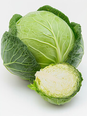 Fresh green cabbage with half cut open showcasing texture  