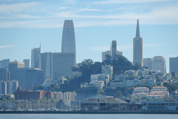A view out to the San Francisco Skyline showing the sky scrapers from a boat out in the Bay