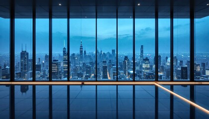 Modern glass hall overlooking a blue hour skyline. Polished floor with LED strip framing the panoramic city view.