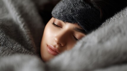 Young brunette woman sleeping peacefully under a cozy blanket, wearing an eye mask, resting comfortably at home