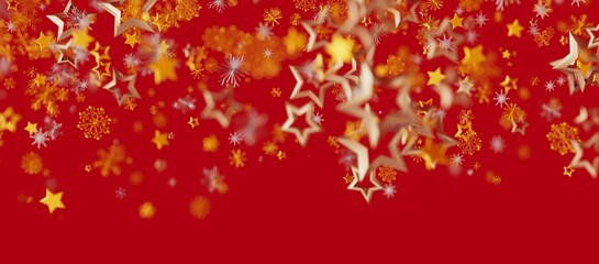 Abstract Christmas background with falling golden stars and snowflakes on a rich red backdrop. Perfect for holiday greetings and festive designs