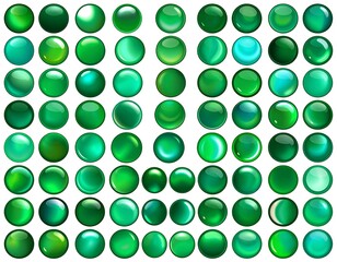 An arrangement of numerous opaque, lustrous green spheres in various shades, reflecting light. They form a dense, orderly pattern against white