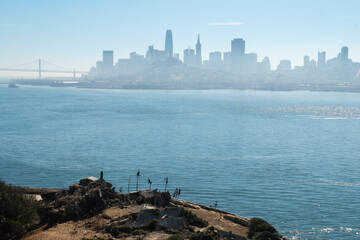 A view out to San Francisco and the city skyline from Alcatraz prison island.