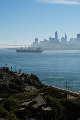 A view out to San Francisco and the city skyline from Alcatraz prison island.