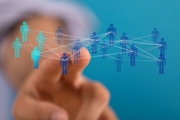 Abstract network of people connected by lines, representing teamwork, communication, and social media.