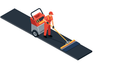 Naklejka premium Construction worker operating equipment on roadway in isometric style