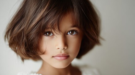 Pensive little girl with modern haircut and warm hazel eyes looking into camera, casual summer fashion portrait.