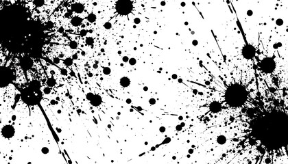 An abstract black ink splash design against a clean white backdrop, featuring varying sizes and shapes of ink droplets