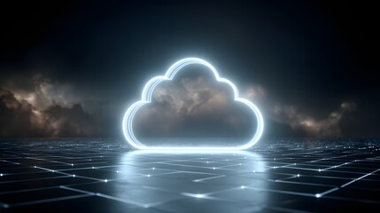 glowing secure cloud icon floating on dark geometric grid