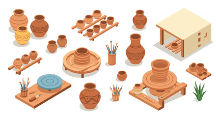 Handmade pottery workshop isometric collection with ceramics and tools
