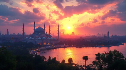 Naklejka premium Sunrise over city with mosque