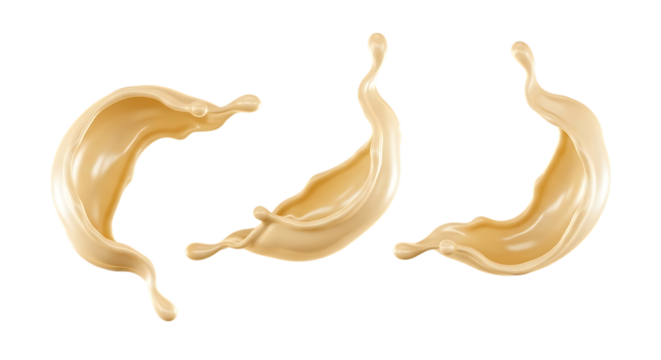 Three dynamic splashes of creamy caramel liquid in motion fluid, isolated on a white or transparent background, cutout, PNG