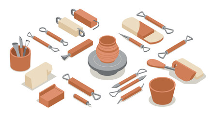 Obraz premium Isometric pottery tools with clay vase on wheel a comprehensive ceramic craft set