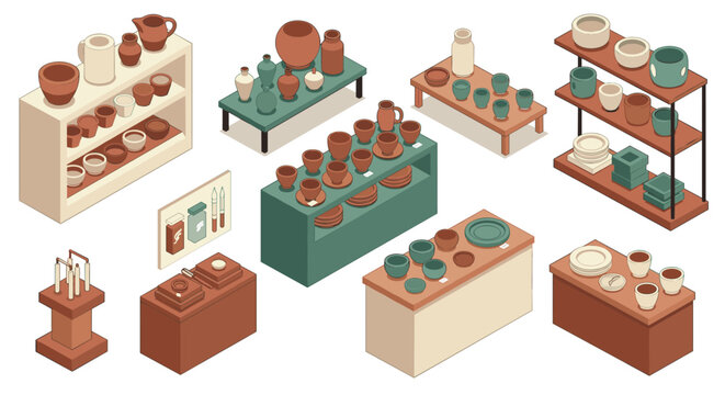 Isometric pottery display with ceramic vases and cups on shelves in warm earth tones - Powered by Adobe