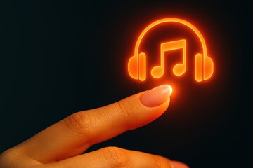 Touch of Music: A fingertip gently interacts with a vibrant, illuminated musical note and headphone symbol, suggesting engagement with the auditory realm.