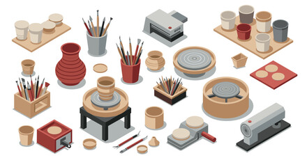 Isometric pottery tools and equipment set modeling and crafting essentials