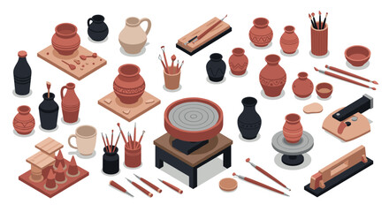 Isometric ceramic pottery tools and crafts with earth tones on white background