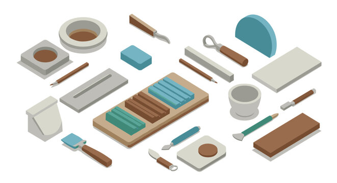 Isometric clay modeling tools on white background for creative projects