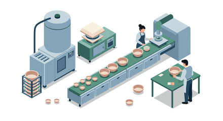 Isometric ceramic factory with automated pottery production line and workers
