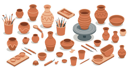 Ceramic pottery crafting tools and vases in flat design style for creative workshop inspiration
