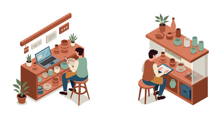 Creative workspace for pottery and design enthusiasts in modern isometric style