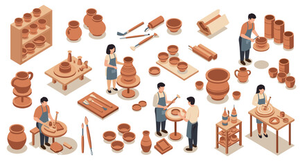 Pottery workshop scene with artisans crafting ceramic pieces in isometric style