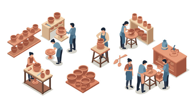 Isometric pottery workshop with skilled craftsmen and clay creations in action