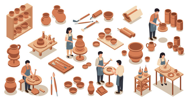 Pottery workshop scene with artisans crafting ceramic pieces in isometric style