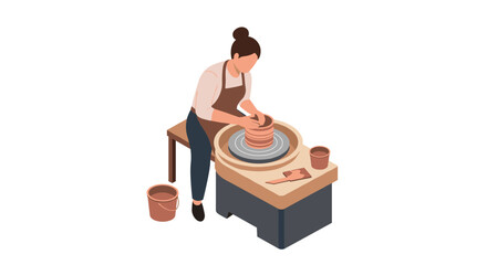 Crafting pottery on the wheel artisanal clay work in flat style