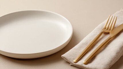 Minimalist table arrangement with white dish, golden cutlery, and cotton napkin on soft beige surface.