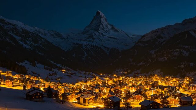 Zermatt village illuminated at dusk with the matterhorn mountain peak