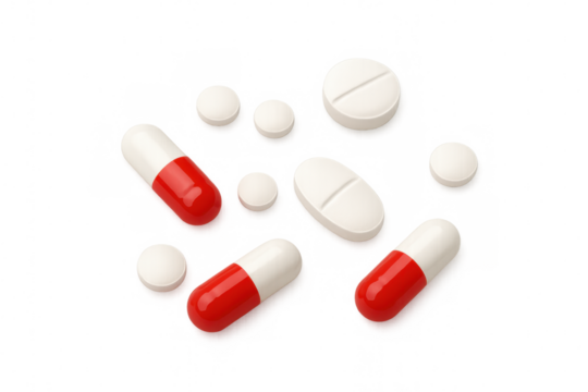 Pills and capsules for health treatment, medicine for sickness and wellness, pharmacy items on transparent background