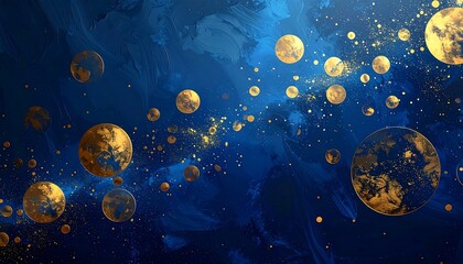Abstract painting featuring a deep blue textured background with gold-hued orbs of varying sizes scattered throughout. Brushstrokes and cosmic effects