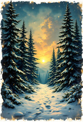 Snow-covered Christmas tree with glowing lights, softly illuminated against a neutral background. Warm festive winter atmosphere, perfect for decor