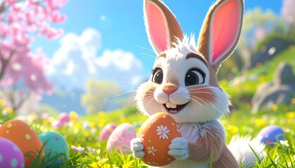 Adorable animated bunny, holding a decorated Easter egg in a field of colorful eggs, flowers, and blossoms under a sunny sky