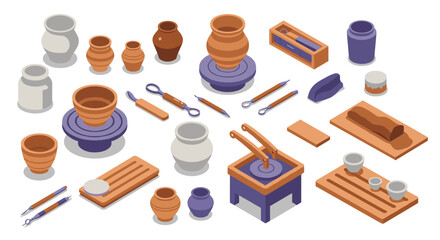 Isometric pottery tools and ceramics set with sculpting elements on white background