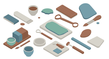 Isometric art supplies creative tools in pastel tones