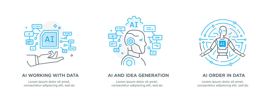 Set of illustrations concept with businessmen. technology, partnership, artificial intelligence business robot, cybes. linear illustration Icons infographics. Landing page site print poster. Line