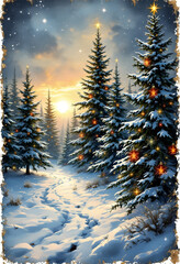 Watercolor Christmas tree with gold glitter and “Merry Christmas” text on light paper background. Neutral tones, dark green pine, vintage card style.