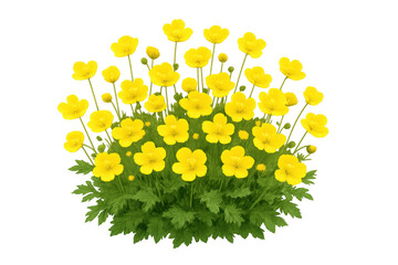 Yellow buttercups blooming in green grass, vibrant spring flowers, transparent background for easy design use
