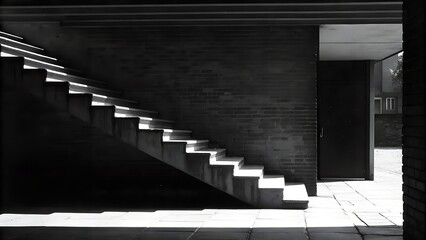 Dramatic Black and White Staircase with Harsh Shadows Against Brick Wall in Minimalist Architecture