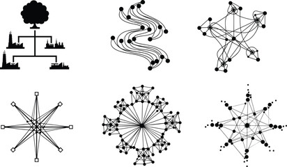 Black vector illustrations of network topologies including tree, star, radial, mesh, and abstract diagrams for data, tech, and science