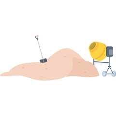 Construction Site Scene With A Pile Of Sand A Shovel And A Cement Mixer On A Transparent Background...