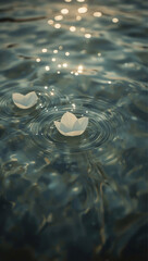 Two delicate white flower petals floating on the surface of rippling water