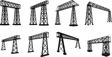Black vector silhouettes of industrial gantry cranes showcasing structural variations for construction, engineering, lifting systems, and heavy equipment design reference