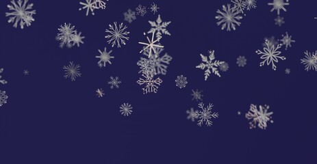 Abstract winter scene of falling snowflakes against a deep blue background, perfect for holiday greetings and winter themes. © vegefox.com