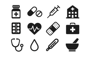 Medical health care icons set, including hospital, first aid kit, stethoscope, pills, syringe, and heart monitor
