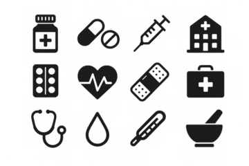 Medical health care icons set, including hospital, first aid kit, stethoscope, pills, syringe, and heart monitor