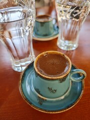 Traditional Turkish Coffee Served in Rustic Blue Ceramic Cups