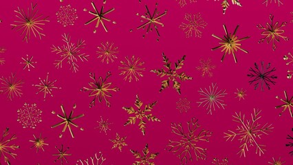 Festive Christmas or New Year background. Gold snowflakes on a burgundy backdrop. Design for greeting cards, invitations, and holiday projects.